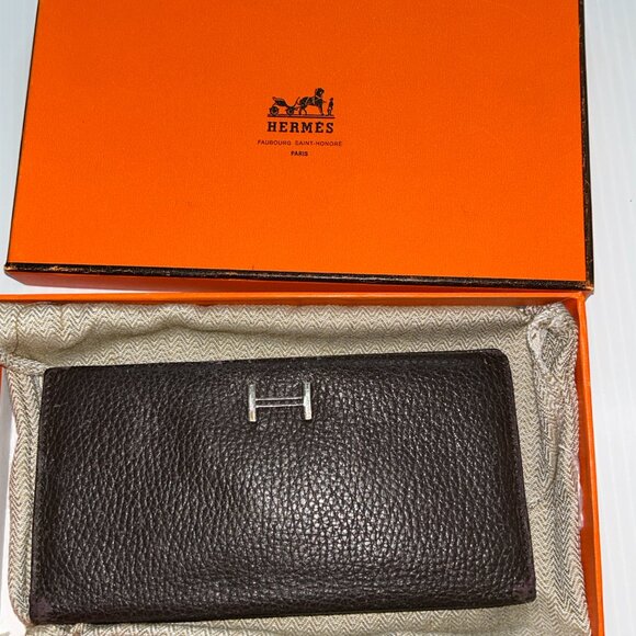 Vintage Hermes Bearn H Wallet Brown Leather H Logo Long Wallet, box dust France - Picture 12 of 12